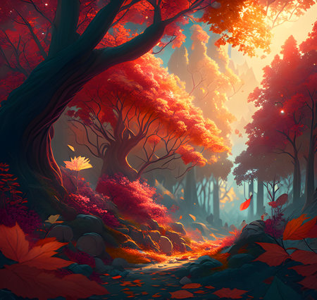 Fantasy forest with autumn trees and rays of light. Vector illustration.の素材
