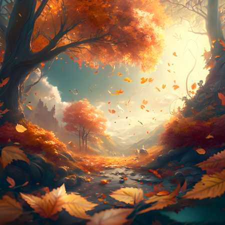 Fantasy landscape with autumn forest. 3d illustration. Fall season.の写真素材
