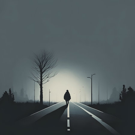 Silhouette of a woman walking on a road in the fogの写真素材