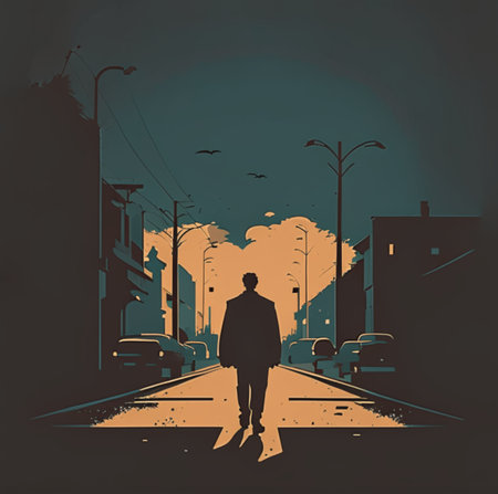 Businessman walking on the street in the evening. Vector illustration.