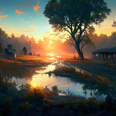 Foggy morning in the village. Digital painting style illustration.の写真素材