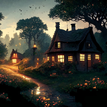 Beautiful old wooden houses in a village at night. Digital paintingの写真素材