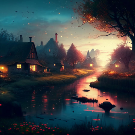 Fantasy landscape with old houses and a river at night. Digital painting.の写真素材