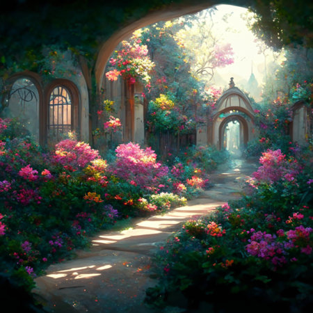 Beautiful flower garden in the morning light with sun rays and lens flareの写真素材