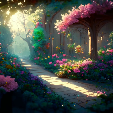 Beautiful spring garden with blooming flowers in the rays of the setting sunの写真素材