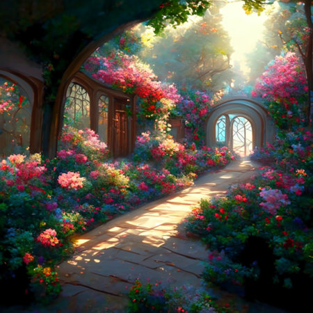 Sunset in the park with arch and flowers. 3d renderingの写真素材
