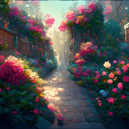 Beautiful street with blooming flowers in the city. Digital paintingの写真素材
