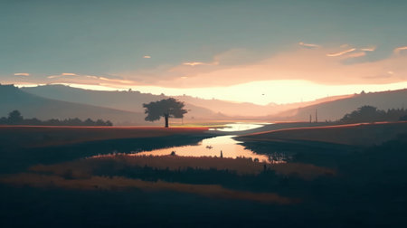 Beautiful landscape of sunrise over the river with trees and mountains in the backgroundの写真素材