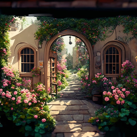 Decorative archway with flowers and plants in a cozy garden.の素材