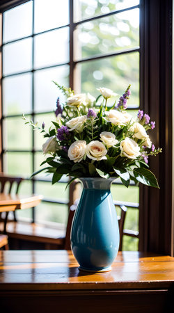 Beautiful flowers in vase on sillの写真素材