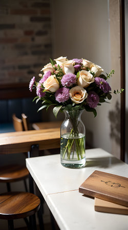 Beautiful flowers in vase on sillの写真素材
