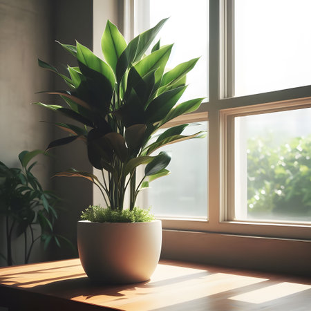 Vase with houseplant on windowsill. Interior design concept.の写真素材
