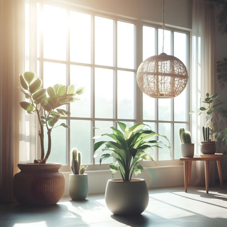 Interior of modern living room with plants, window and sunlight. Toned imageの写真素材