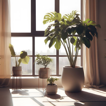 Interior of modern living room with big window, potted plants and sunlightの写真素材