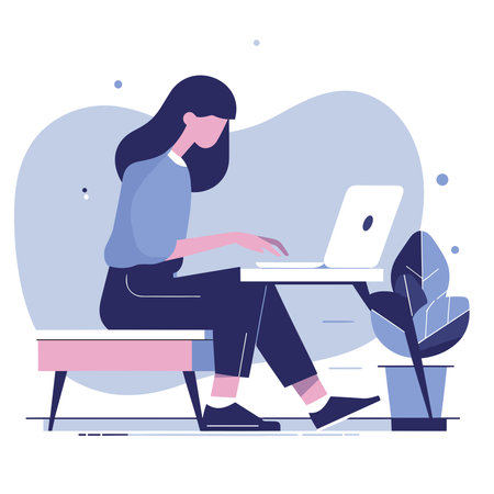 Woman working on laptop at home. Freelance and remote work concept. Vector illustration in flat styleの素材