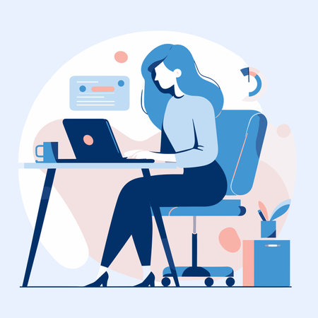 Woman working on laptop at home. Freelance, remote work concept. Vector illustration in flat styleの素材