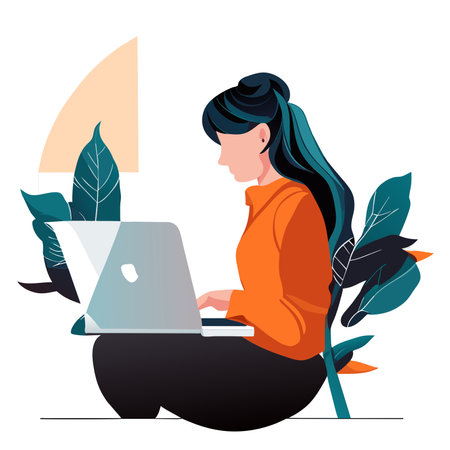 Woman working on laptop at home. Freelance, remote work concept. Vector illustration in flat styleの写真素材