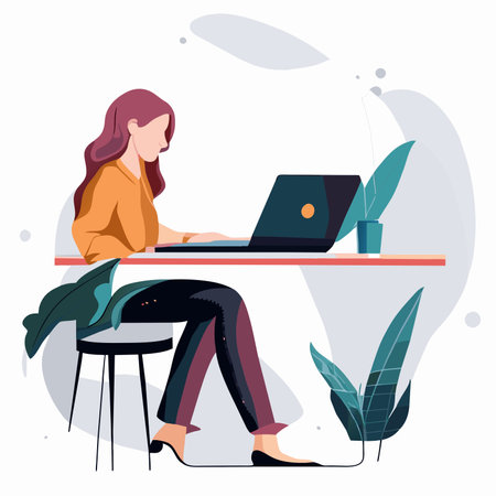 Young woman working on laptop at home. Freelance, remote work concept. Vector illustration in flat styleの写真素材