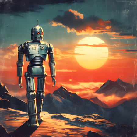 robot against the background of the sun and mountains. 3d renderの素材