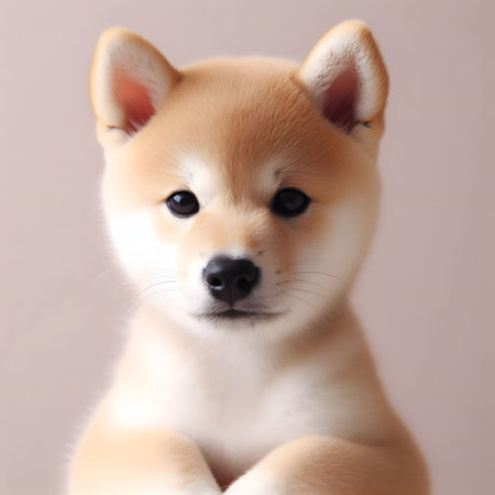 Shiba inu puppy on a light background close-up.の素材