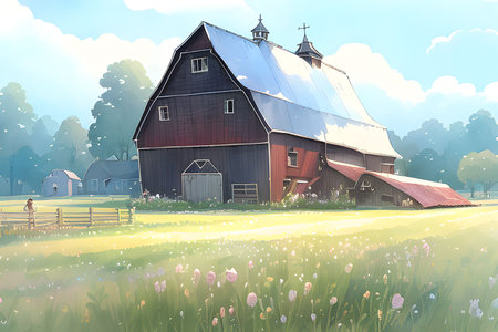 Digital painting of an old barn in a meadow with flowers.の素材