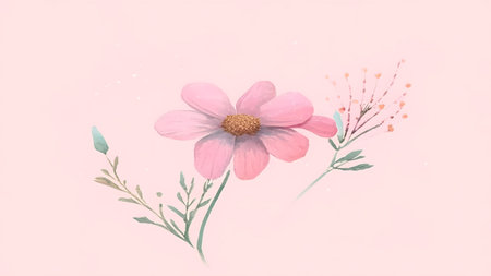 Watercolor illustration of a pink daisy flower on a pink backgroundの素材