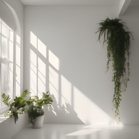 White room with a large window and a plant. 3d renderingの素材