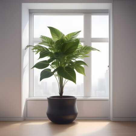 Indoor plant in black pot on the windowsill. 3d renderingの素材