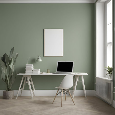 Interior of modern office with green walls, wooden floor, white computer table with white chair and vertical mock up poster frame. 3d renderingの素材