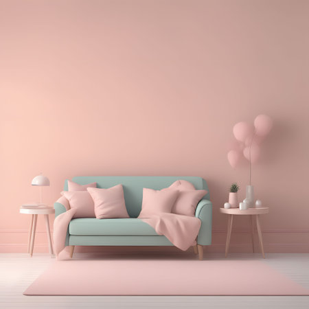 Pink living room interior with sofa, coffee table and pink balloons. 3d renderの素材