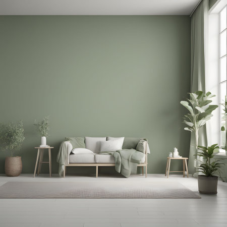 interior with green walls, tiled floor and sofa 3d renderの素材