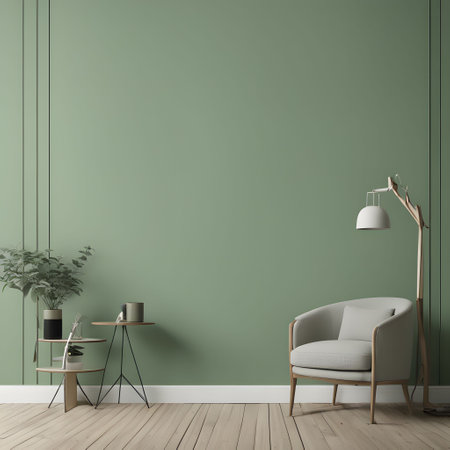 Interior of modern living room with green wall, armchair and coffee table. 3d renderの素材