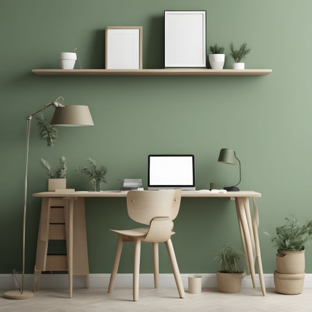 Interior of modern office with green wall, wooden desk and computer. Workplace concept. 3d renderの素材