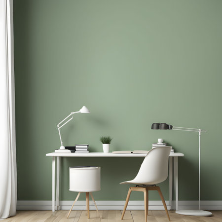 Interior of modern office with green walls, wooden floor, white armchair and table with lamp. 3d renderの素材
