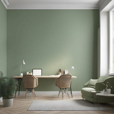 Interior of modern living room with green walls, wooden floor, green armchair and coffee table with laptop. 3d renderの素材