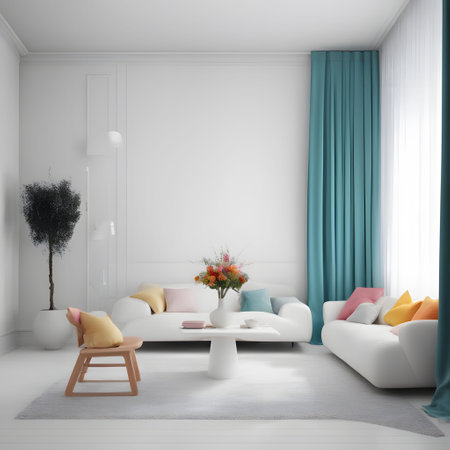 Interior of modern living room with white walls, concrete floor, comfortable white sofa and blue curtains. 3d renderの素材