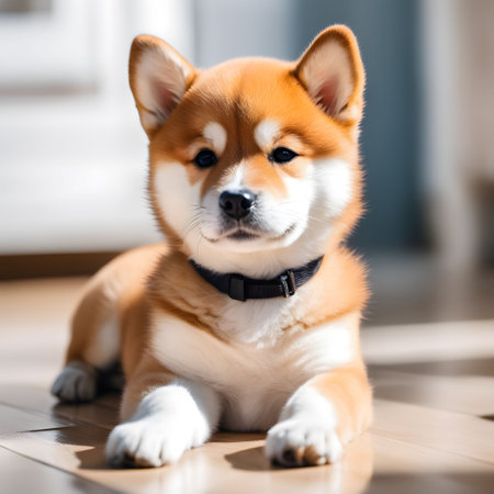Portrait of a beautiful shiba inu dog sitting on the floorの素材
