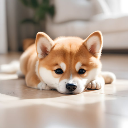 Portrait of a cute shiba inu puppy lying on the floorの素材