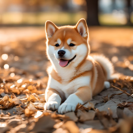 Shiba inu dog in autumn park. Beautiful portrait of Japanese dog.の素材