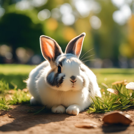 Cute little bunny sitting on the grass in the park. Easter concept.の素材