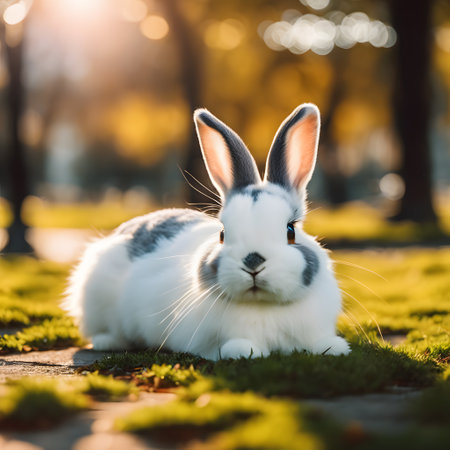 Cute white and gray rabbit sitting on green grass in park.の素材