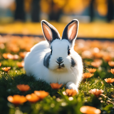 White rabbit with orange flowers on the grass in the park in autumnの素材