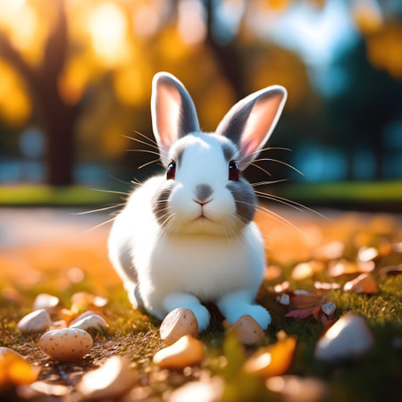 Cute little rabbit sitting on the grass in the autumn park.の素材