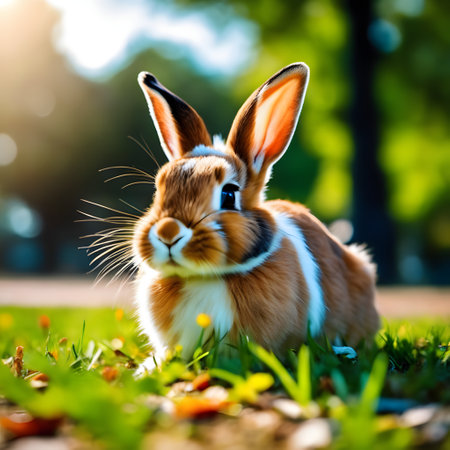 Cute little rabbit sitting in the grass on a sunny summer dayの素材