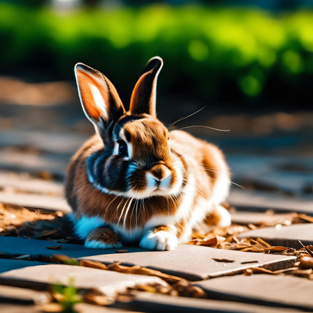 Cute rabbit sitting on the ground in the park on a sunny dayの素材