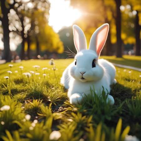 White rabbit on green grass in park. Easter concept. Soft focus.の素材
