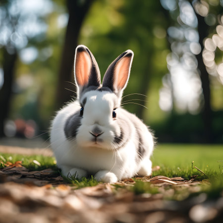 Cute little rabbit sitting on the grass in the park. Easter concept.の素材