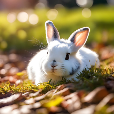 Cute white rabbit in the grass on a sunny autumn day.の素材