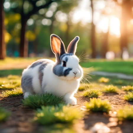 Cute rabbit sitting on grass in the park at sunset. Animal concept.の素材