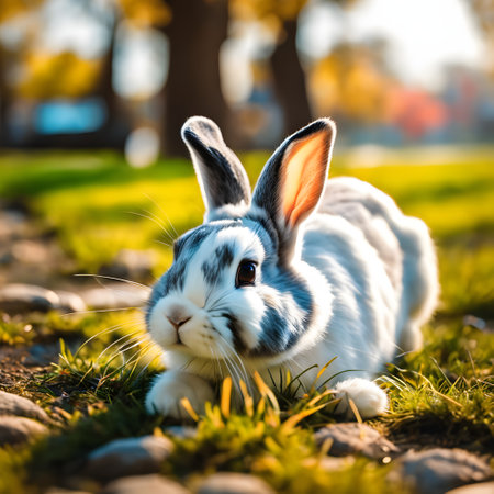 Cute little white rabbit on the grass in the park. Selective focus.の素材